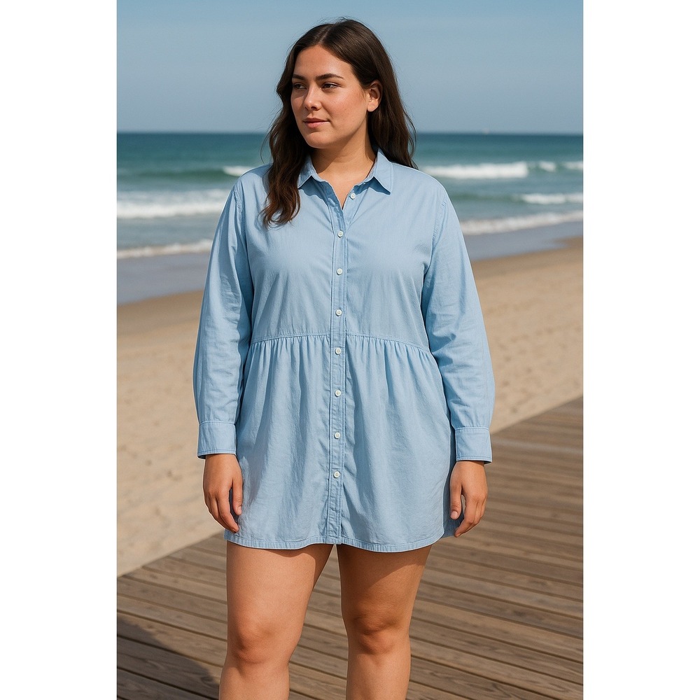ZARA Womens XL Light Blue Long Sleeve Tunic Shirt Dress Casual Beachy Preppy